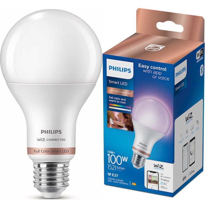 Bec LED RGB inteligent Philips Smart A67, Wi-Fi, Bluetooth, E27, 13W (100W), 1521 lm, lumina alba si colorata (2200-6500K), clasa energetica E