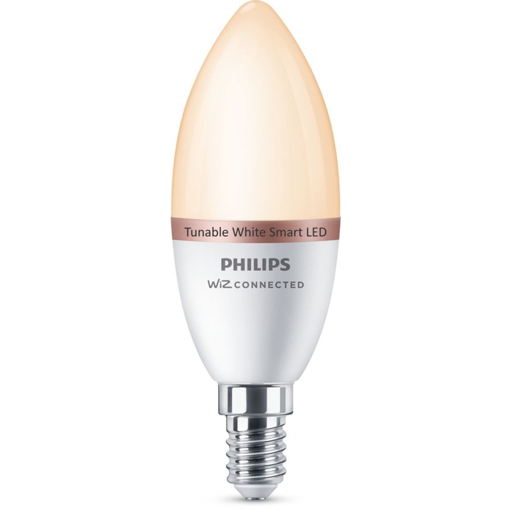 Интелигентна LED крушка Philips, Свещ, Wi-Fi, Bluetooth, C37, E14, 4.9W (40W), 470 лумена, Регулируема светлина (2700-6500K), Енергиен клас F