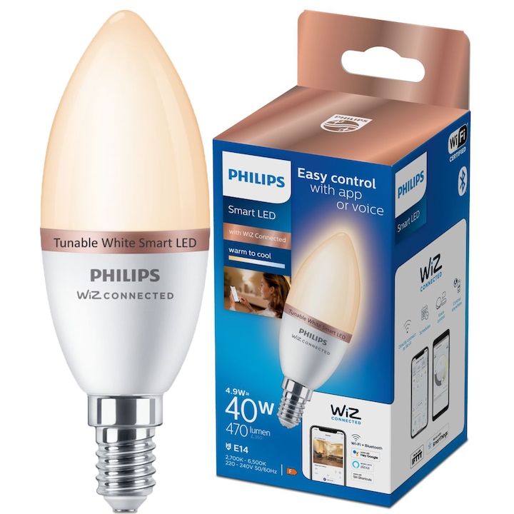 Bec LED inteligent Philips, lumanare, Wi-Fi, Bluetooth, C37, E14, 4.9W (40W), 470 lm, temperatura lumina reglabila (2700-6500K), clasa energetica F