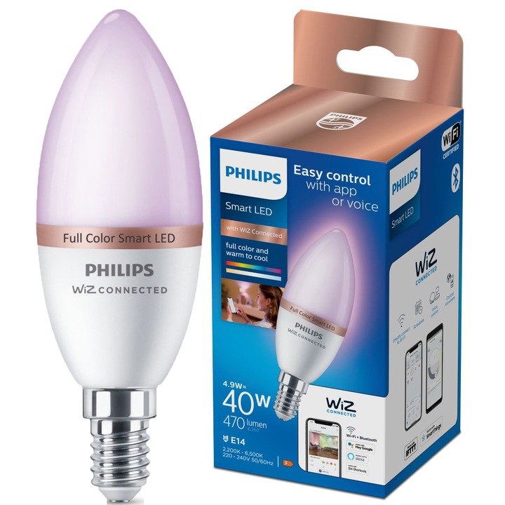 Bec LED RGB inteligent Philips, lumanare, Wi-Fi, Bluetooth, C37, E14, 4.9W (40W), 470 lm, lumina colorata, clasa energetica F