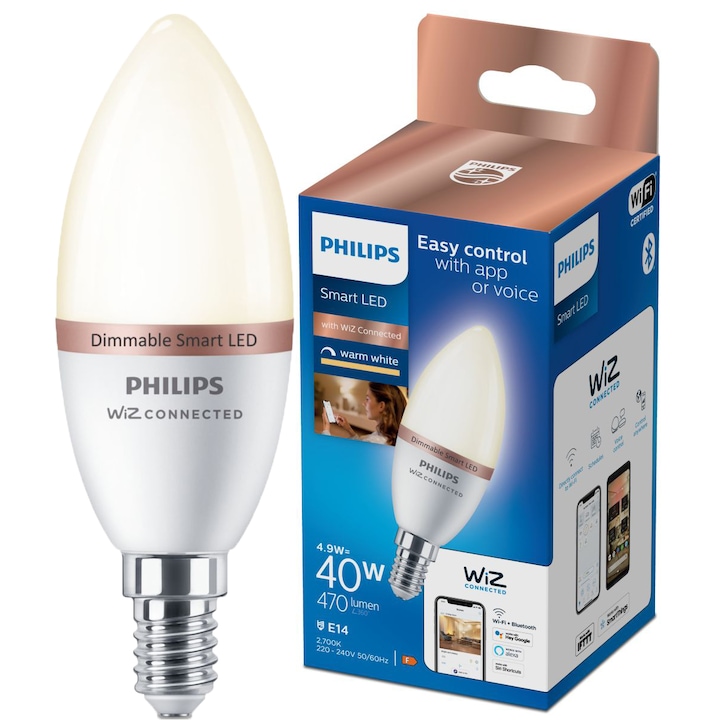 Bec LED inteligent Philips, lumanare, Wi-Fi, Bluetooth, C37, E14, 4.9W (40W), 470 lm, lumina alba calda (2700K), clasa energetica F