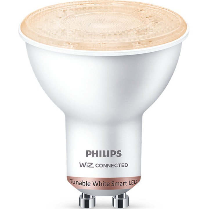 Интелигентна LED крушка Philips spot, Wi-Fi, Bluetooth, PAR16, GU10, 4.7W (50W), 345 лумена, Регулируема светлина (2700-6500K), Енергиен клас F