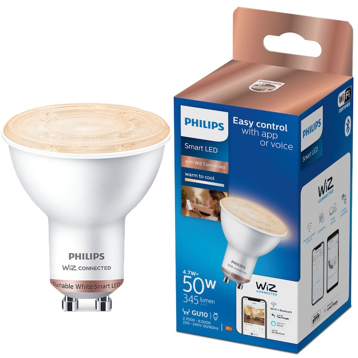 Bec LED inteligent Philips spot, Wi-Fi, Bluetooth, PAR16, GU10, 4.7W (50W), 345 lm, temperatura lumina reglabila (2700-6500K), clasa energetica F