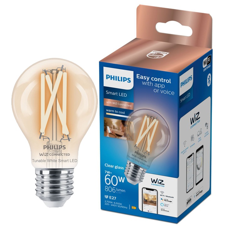 Bec LED inteligent vintage Philips filament transparent, Wi-Fi, Bluetooth, A60, E27, 7W (60W), 806 lm, temperatura lumina reglabila (2700-6500K), clasa energetica E