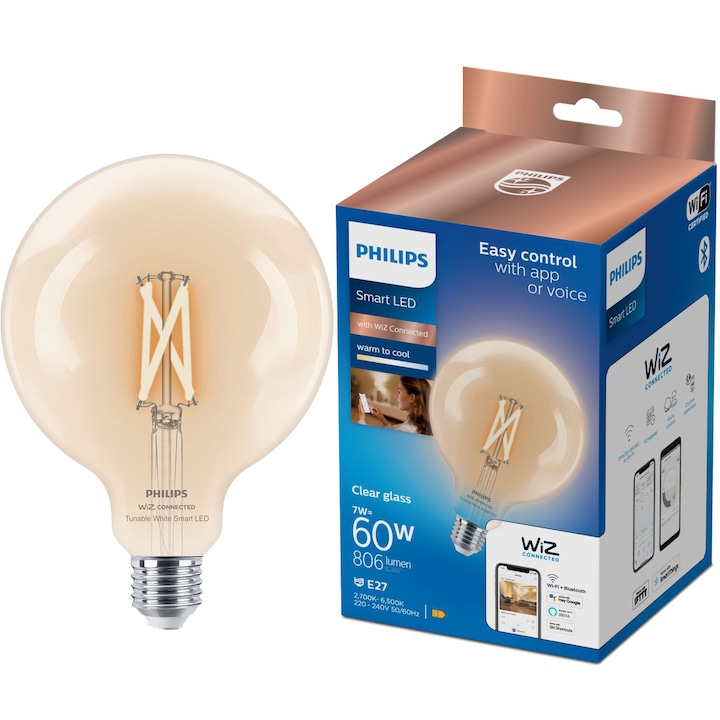 Bec LED inteligent vintage Philips filament transparent, Wi-Fi, Bluetooth, G125, E27, 7W (60W), 806 lm, temperatura lumina reglabila (2700-6500K), 12.5cm, clasa energetica E