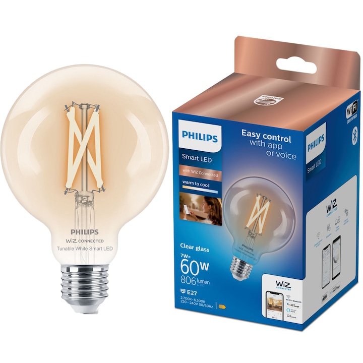 Bec LED inteligent vintage Philips filament transparent, Wi-Fi, Bluetooth, G95, E27, 7W (60W), 806 lm, temperatura lumina reglabila (2700-6500K), 9.5cm, clasa energetica E