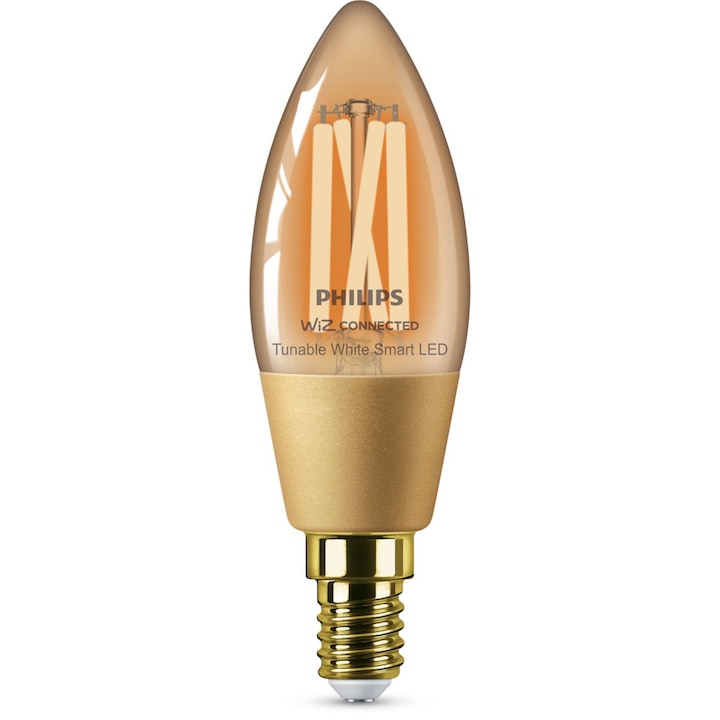 Интелигентна LED крушка vintage Philips кехлибарен филамент, Wi-Fi, Bluetooth, C35, E14, 4.9W (25W), 370 лумена, Регулируема светлина (2000-5000K), Енергиен клас G