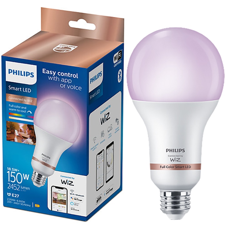 Bec LED RGB inteligent Philips Smart, Wi-Fi, E27, 18.5W (150W), 2452 lm, lumina alba si colorata (2200-6500K), control vocal, clasa energetica F