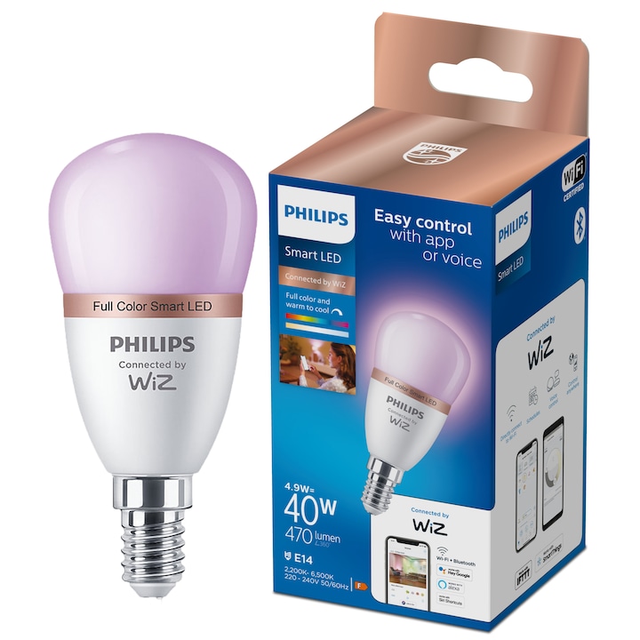 Bec LED RGB inteligent Philips Bulb, Wi-Fi, Bluetooth, P45, E14, 4.9W (40W), 470 lm, lumina colorata, clasa energetica F