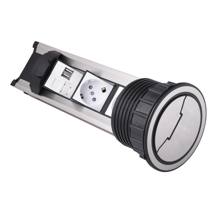 Priza incastrabila 3 schuko, 2 usb, 1 lan, - Inox