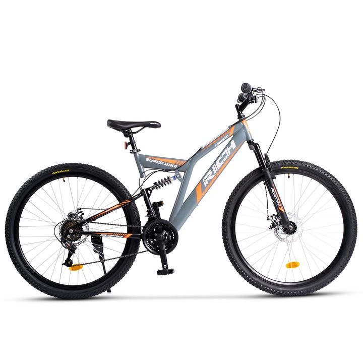 Bicicleta MTB cu roti de 27.5", frane DISC-fata/spate, 18 Viteze, gri/portocaliu, Mountain Bike Rich Foresto Genius 2.7 cu Dubla Suspensie