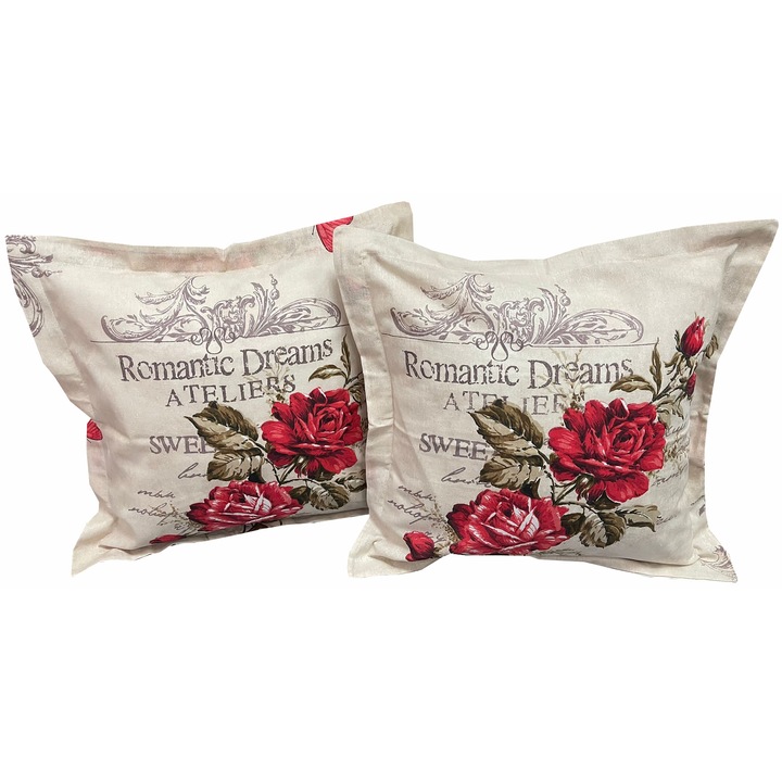 Set doua huse de perna ivoire/rosu 40X40cm din colectia "Romantic roses" din bumbac 100%, by Liz Line - SP40/40130