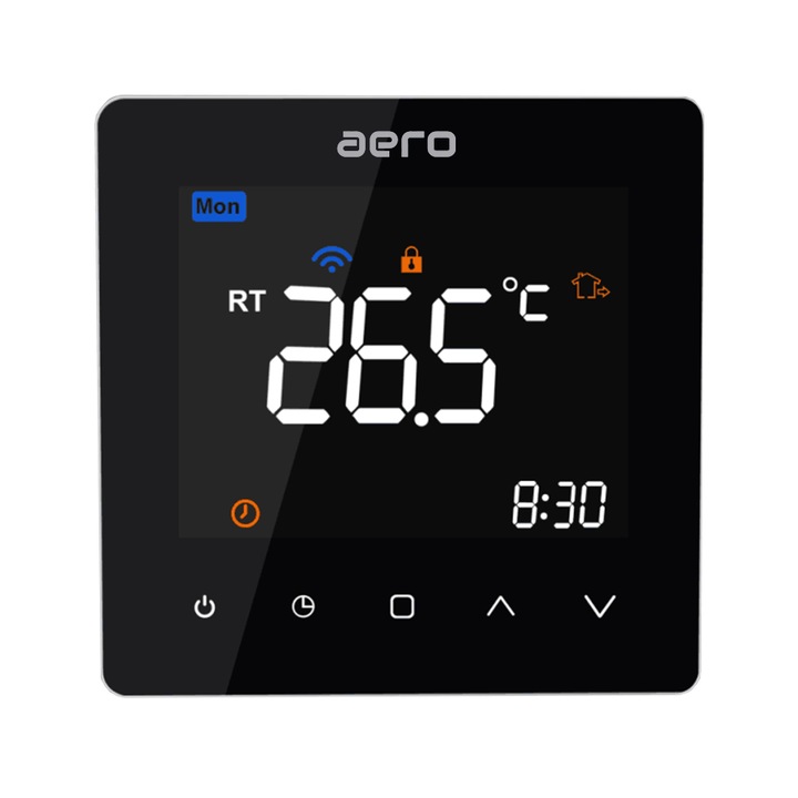 Termostat AERO TP538UHPW Black, Wi-Fi, pentru Incalzire Electrica in Pardoseala, Smart, Programabil, Alexa, Google, App Tuya, Smart Life, Negru