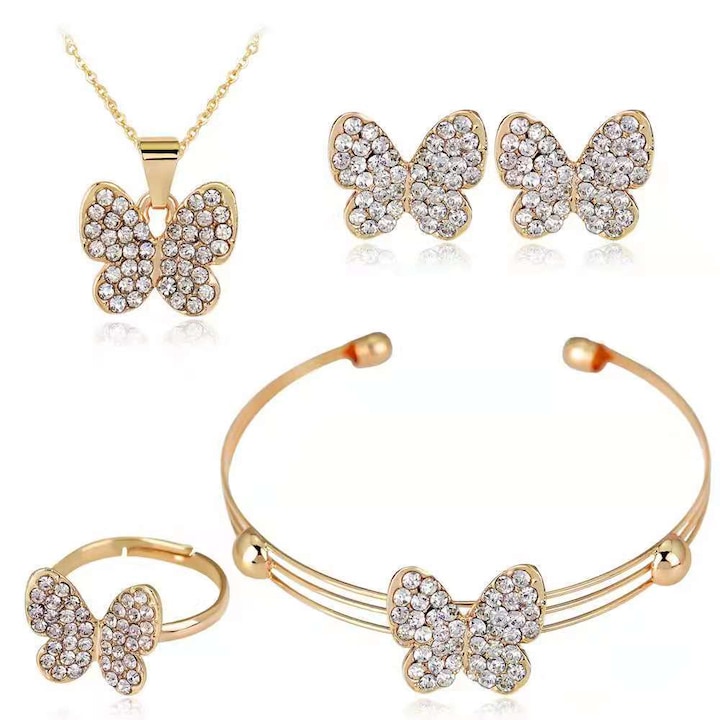Tessero női ékszer szett, nyaklánc, fülbevaló, karkötő és gyűrű, állítható méret, pillangó minta, 18K arany bevonat, cirkónium kövek, arany