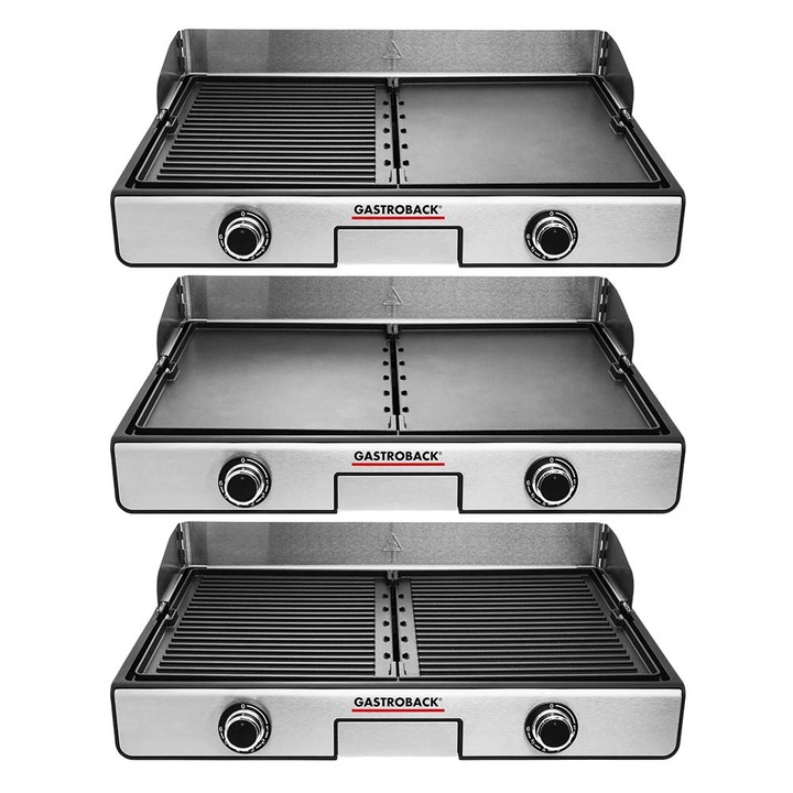 Gratar electric plancha si grill, Gastroback, 42 x 28 cm, 2 suprafete interschimbabile, 6 trepte temperatura, placi din aluminiu, protectie stropire, inox/negru