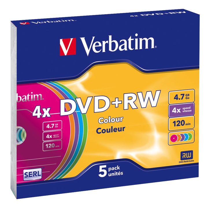 Set 5 bucati DVD RW Verbatim 43297, 4.7GB, 120min, viteza 4x, Single Layer, carcasa, Multicolor