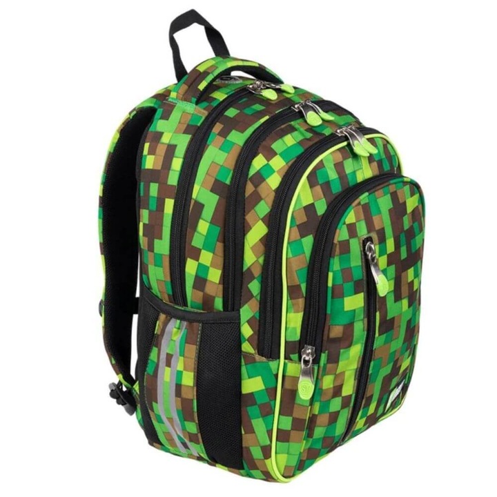 Ghiozdan pentru Baieti Majewski, Clasele V-VIII, 4 Compartimente, 3 Buzunare, BP-68, Colectia Master Gamer, Gama St. Right, Verde cu Maro
