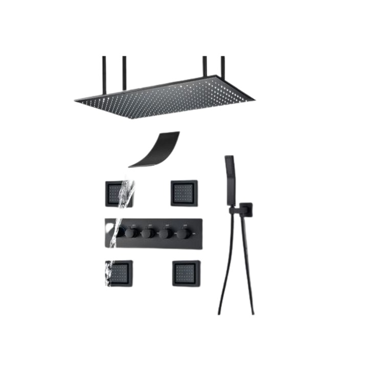 Душ комплект с термостат, черен, със закрепване за таван и стена, 4 функции, 80x40 см, тип B