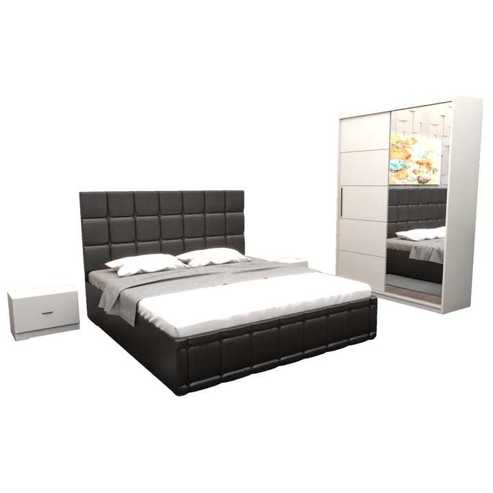 Set Dormitor Regal cu Pat Tapitat Negru imitatie piele160x200 cm cu dulap usi glisante Alb cu oglinda 150x200x61 cm si fara comoda Tv