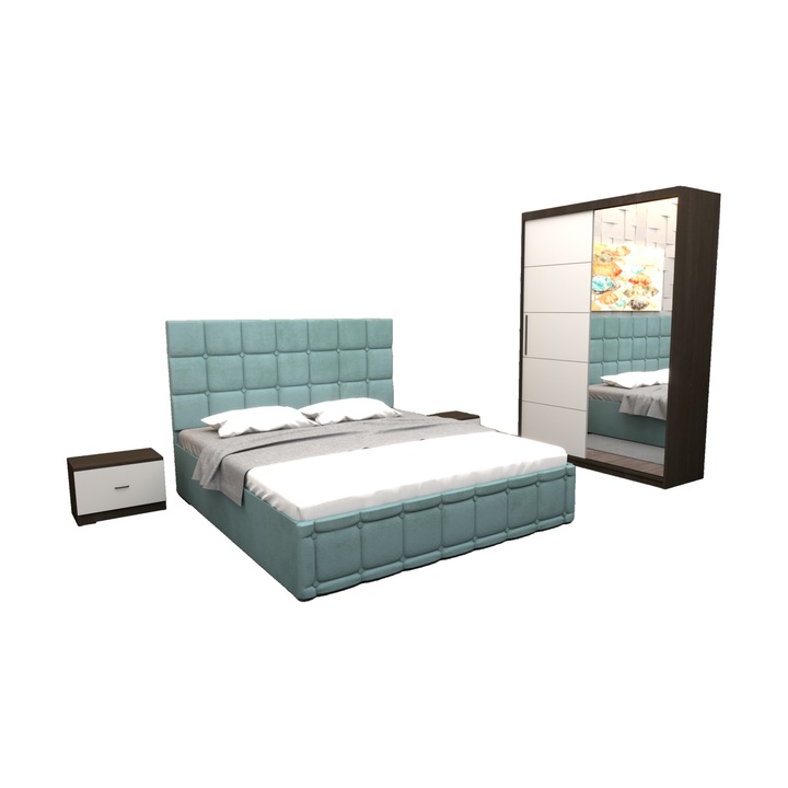 Set Dormitor Regal cu Pat Tapitat Turcoaz Stofa 160x200 cm cu dulap usi glisante Wenge cu oglinda 150x200x61 cm si fara comoda Tv