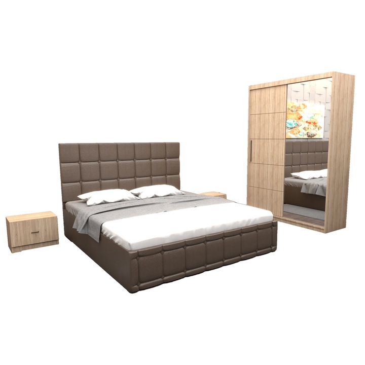Set Dormitor Regal cu Pat Tapitat Maro imitatie piele 160x200 cm cu dulap usi glisante Sonoma cu oglinda 150x200x61 cm si fara comoda Tv