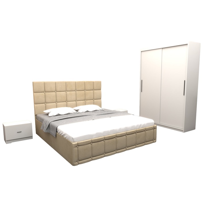 Set Dormitor Regal cu Pat Tapitat Bej stofa 160x200 cm cu dulap usi glisante Alb fara oglinda 150x200x61 cm si fara comoda Tv