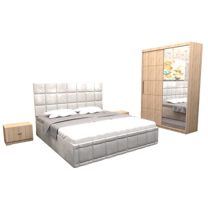 Set Dormitor Regal cu Pat Tapitat Alb stofa 160x200 cm cu dulap usi glisante Sonoma cu oglinda 150x200x61 cm si fara comoda Tv