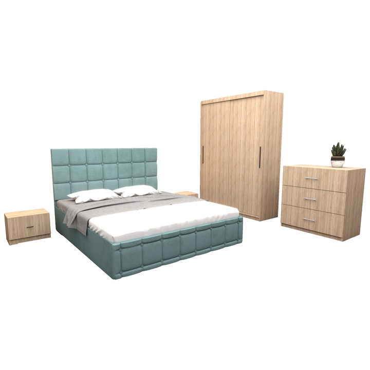 Set Dormitor Regal cu Pat Tapitat Turcoaz Stofa 160x200 cm cu dulap usi glisante Alb fara oglinda 150x200x61 cm si cu comoda Tv 90x80x43 cm