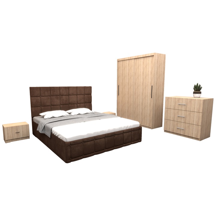 Set Dormitor Regal cu Pat Tapitat Maro Stofa 160x200 cm cu dulap usi glisante Sonoma fara oglinda 150x200x61 cm si cu comoda Tv 90x80x43 cm