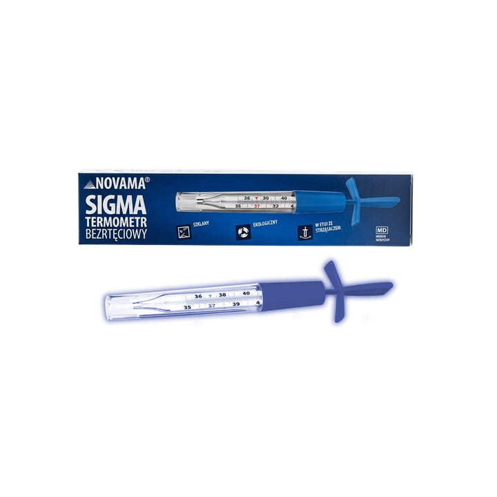 Termometru clasic ecologic Novama White Sigma, cu Galinstan, din sticla, fara mercur, fara baterii, cu agitator, Alb