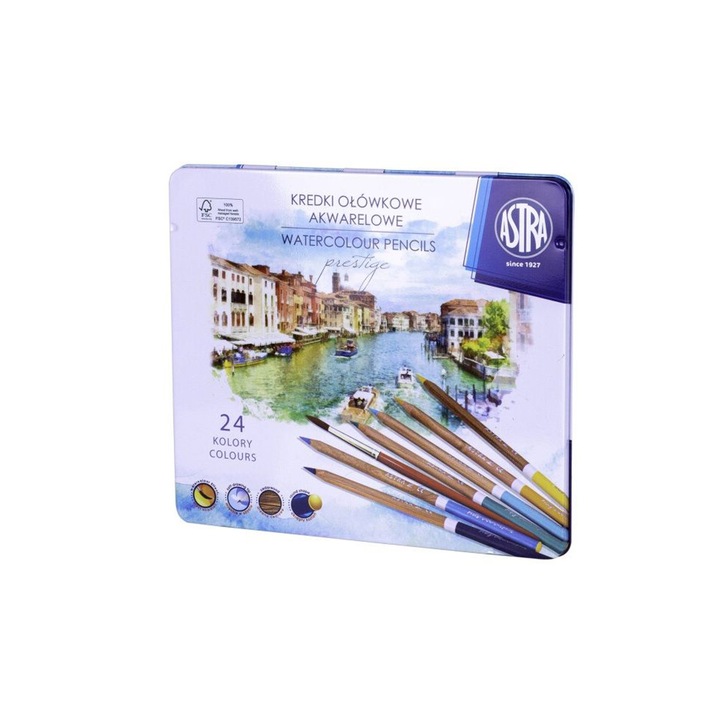 Set creioane acuarela din lemn de cedru in cutie metalica, Astra Prestige, 24 culori