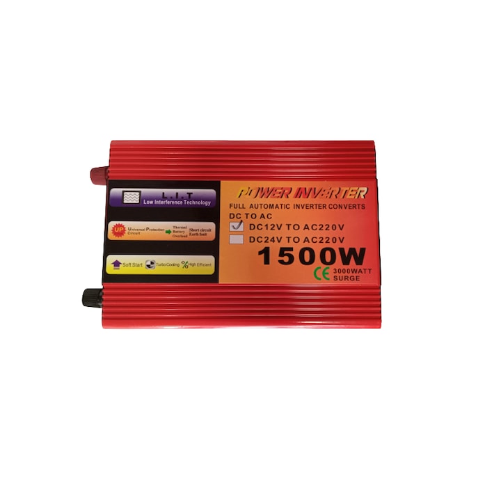 Инвертор, KlaussTech, 12V/220V, Мощност 1500W, LED индикатор, Бутон ON/OFF, Ергономичен, Червен