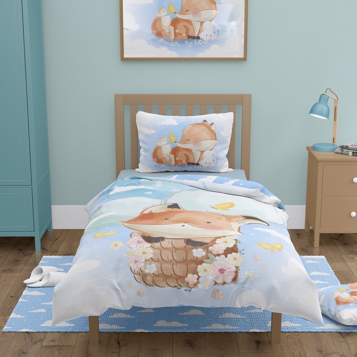 Set lenjerie de pat copii Faro, vulpe cu balon, bumbac, 1 persoana, 2 piese, multicolor, 100x135 cm, 40x60 cm