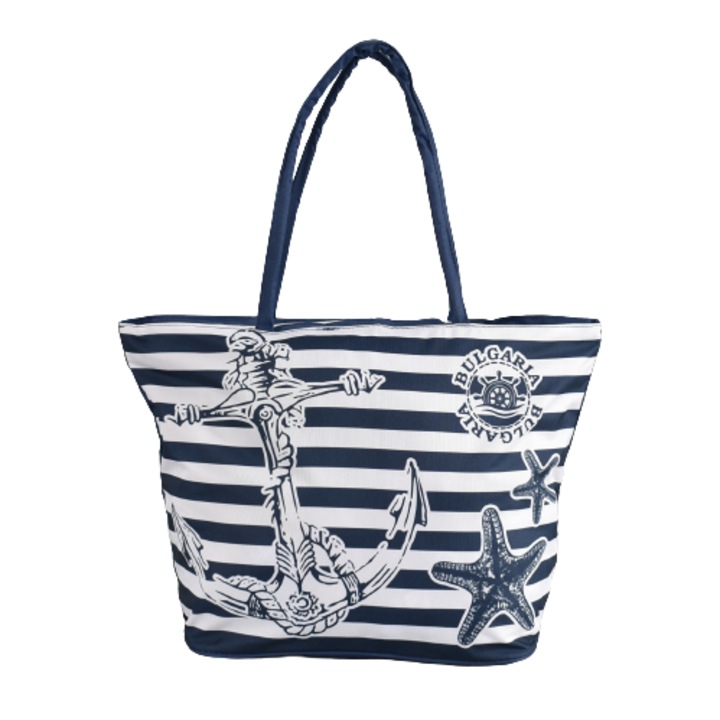 Geanta de plaja, Textil, 51/19/35 cm, Albastru/Alb