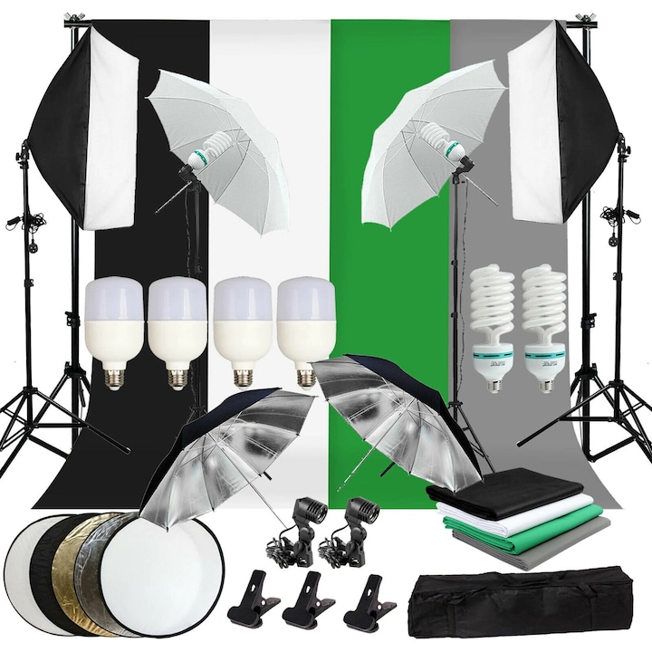 Kit studio foto cu 2 x softbox, 4 x fundal multicolor,2 x umbrele albe, 2 x umbrele negre/arginti,4 x suport de lumina, 4 x 25W bec LED, 2 x 135W, 3 x cleme, include geanta de transport