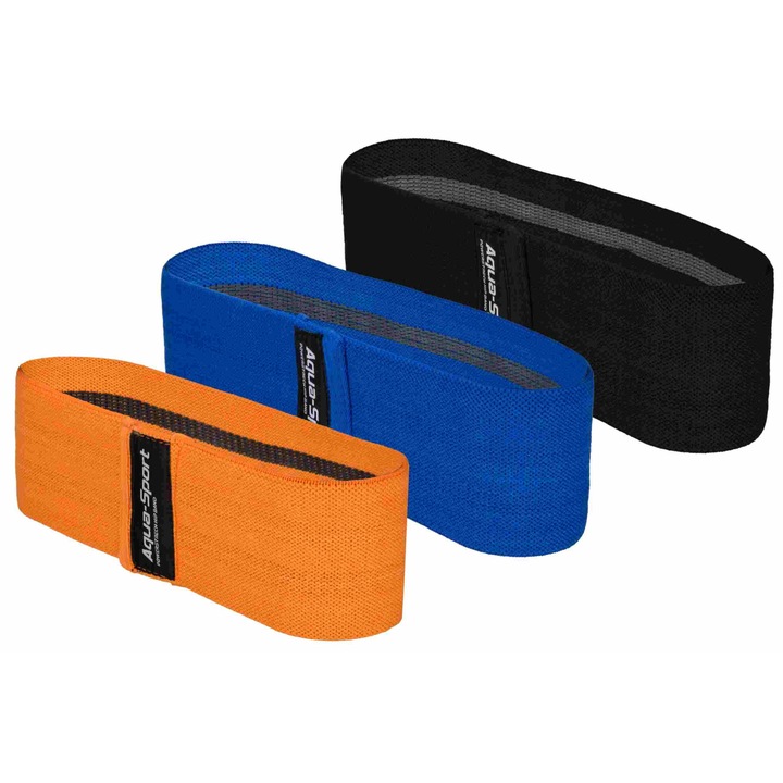 Set 3 benzi elastice rezistenta, Aqua-Sport Powerstrech Hip Band, Negru-Albastru-Portocale, 1-30 kg