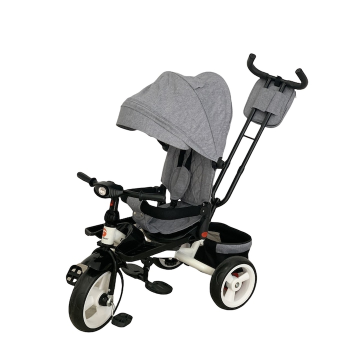 Go Kart Gold Baby gyerek tricikli alvó pozícióval, megfordítható üléssel, 6-36 hónapos, eva gumi, lámpával, zenével, szürke