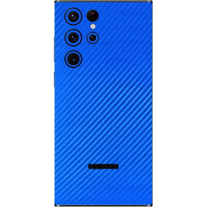 Folie iSkinz pentru Samsung Galaxy S22 Ultra 5G - Carbon Albastru 360 Cut, Skin Adeziv Full Body Cover, Protectie Carcasa Spate si Laterale