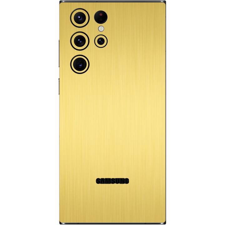 Folie iSkinz pentru Samsung Galaxy S22 Ultra 5G - Brushed Auriu 360 Cut, Skin Adeziv Full Body Cover, Protectie Carcasa Spate si Laterale