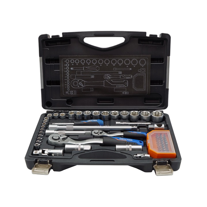 Trusa chei cu clichet Dexter, 64 piese pentru strangerea / slabirea sau insurubarea / desurubarea pieselor