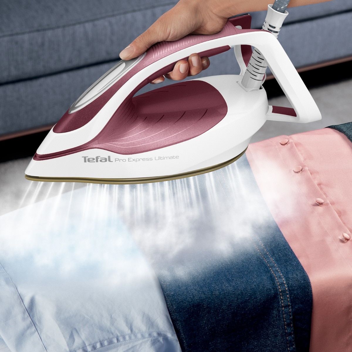 Statie de Calcat Tefal Pro Express Ultimate GV9711E0, 3000W, 590g/min, 1200ml, talpa Durilium, Visiniu-Alb