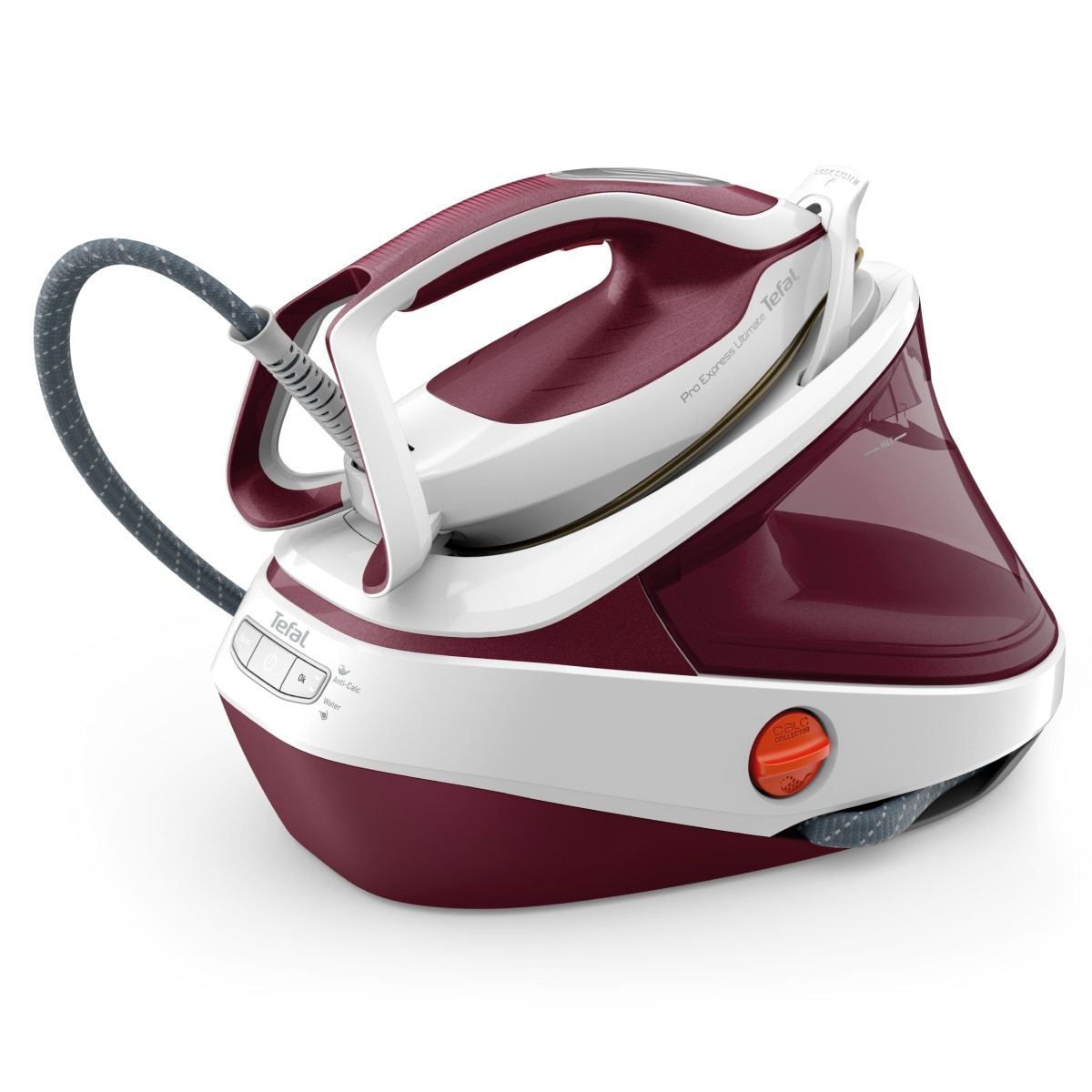 Statie de Calcat Tefal Pro Express Ultimate GV9711E0, 3000W, 590g/min, 1200ml, talpa Durilium, Visiniu-Alb