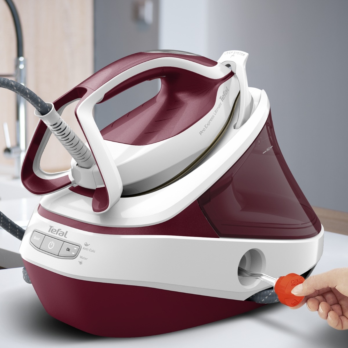 Statie de Calcat Tefal Pro Express Ultimate GV9711E0, 3000W, 590g/min, 1200ml, talpa Durilium, Visiniu-Alb