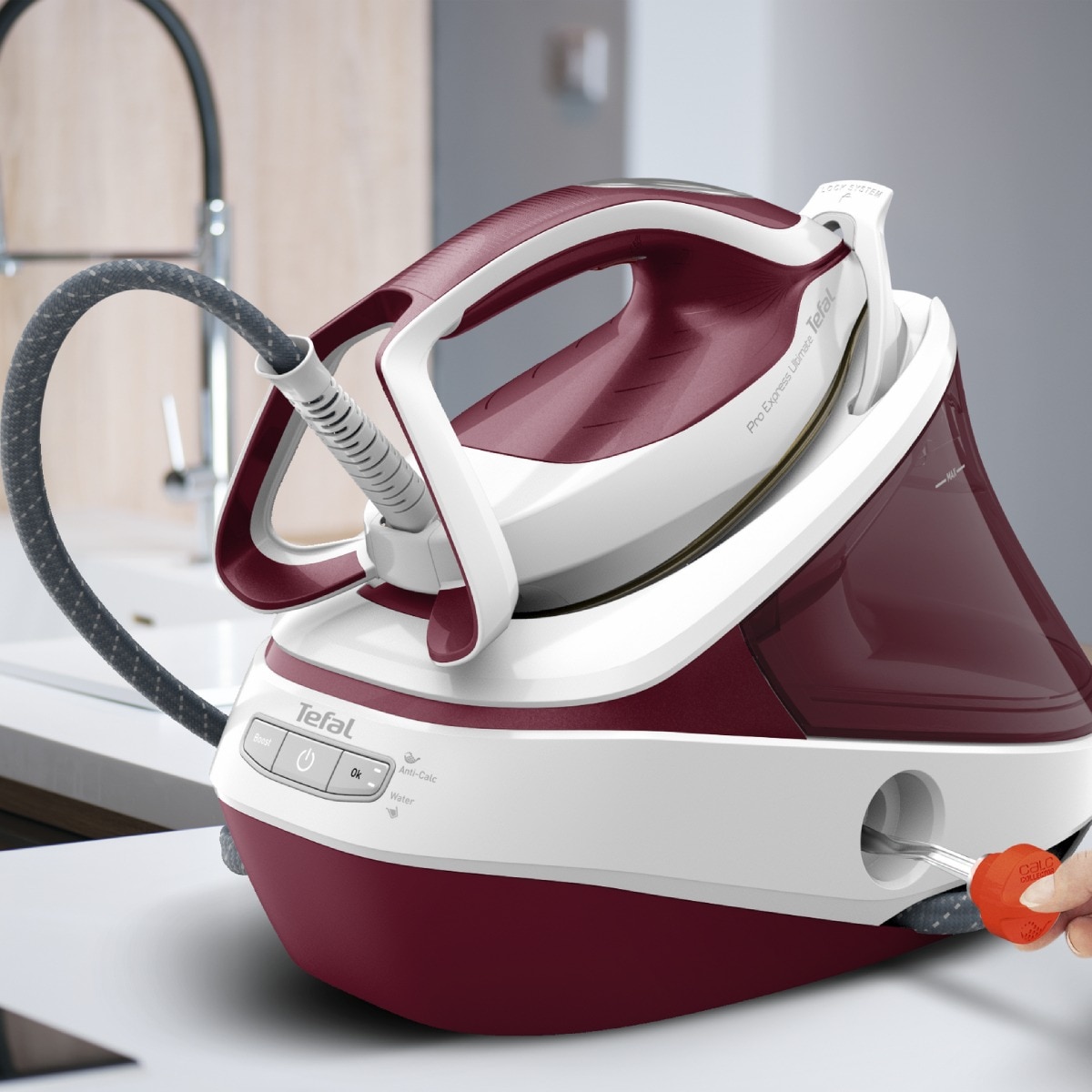 Statie de Calcat Tefal Pro Express Ultimate GV9711E0, 3000W, 590g/min, 1200ml, talpa Durilium, Visiniu-Alb