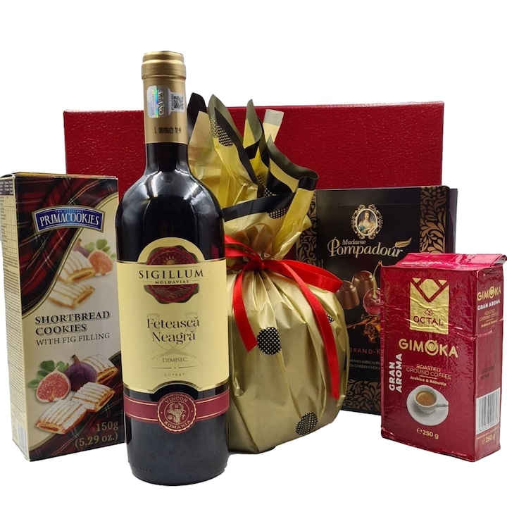 Cutie cadou "Moments" cu vin rosu si multe specialitati dulci, potrivit pentru ocazii festive