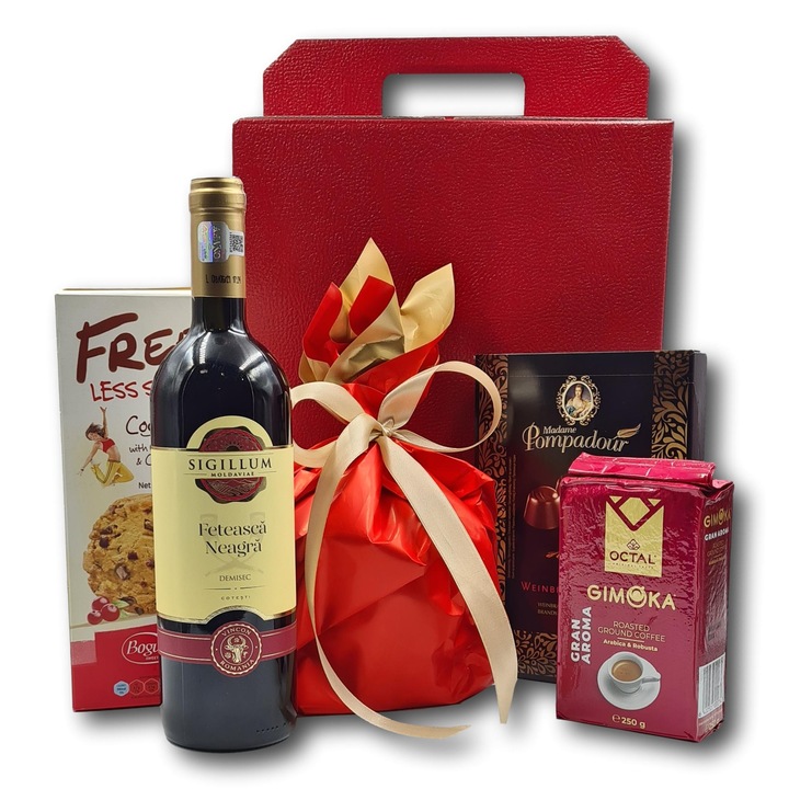 Pachet cadou CADOURI PREMIUM, model Moments cu vin rosu si multe specialitati dulci, potrivit pentru ocazii festive