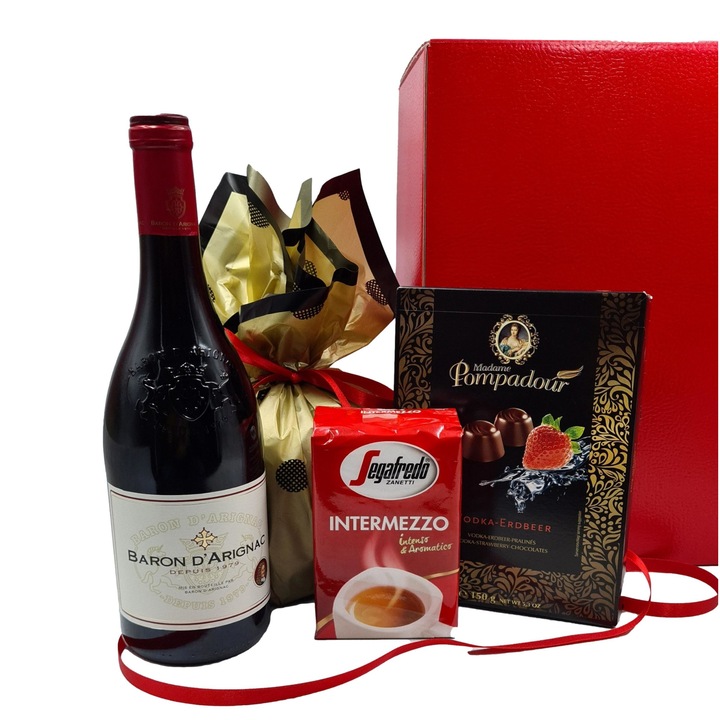 Pachet cadou asortat CADOURI PREMIUM, model Red Gift, cu vin frantuzesc, cafea Segafredo, praline de ciocolata si panettone, potrivit pentru orice ocazie