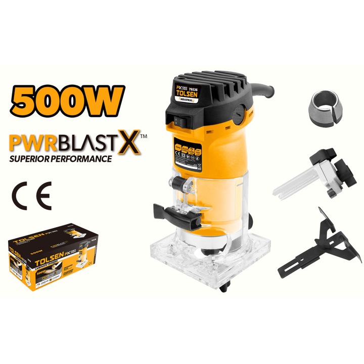Masina de frezat verticala TOLSEN PwrBlastX 500W, FX Force Xpress, 220-240V, 33500rpm, mandrina 1/4" si 6mm, reglaj adancime, baza transparenta, ghidaj inclus, aprobare CE