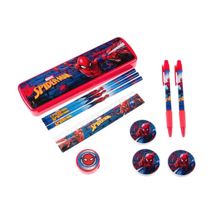 Писалка с 10 аксесоара за писане за ученици, герой Спайдърмен, Многоцветна