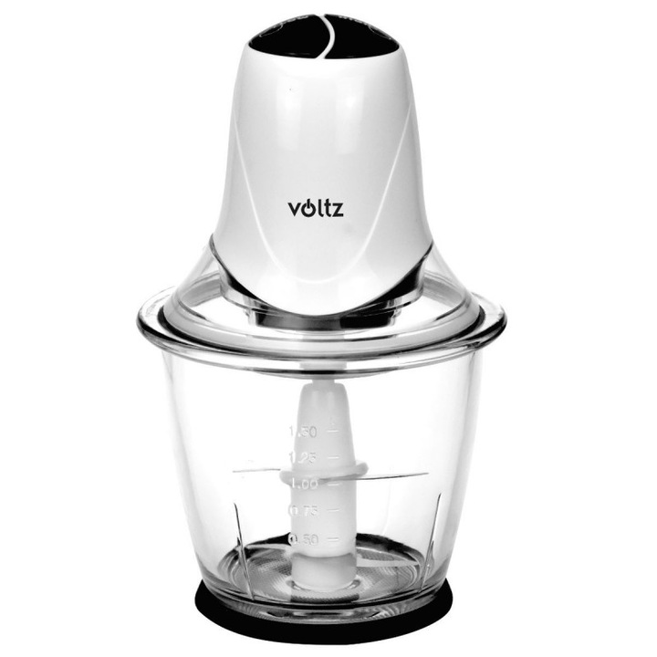 Tocator electric de alimente Voltz V51111B, 300W, Cupa de sticla, 1,5 L, 4 cutite, Alb